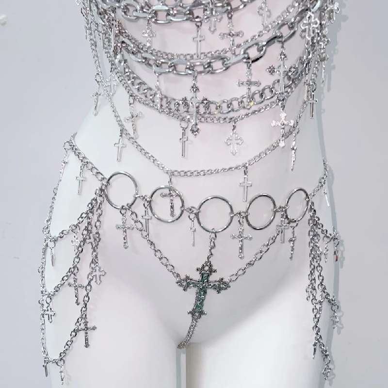 Edgy Silver Chain Halter Top | Gothic Cross Body Chain | Rave & Halloween Statement