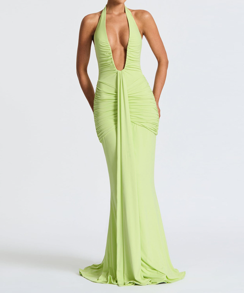 Timeless Black Halter Deep V Ruched Maxi Gown | Fall Gala & Holiday Party Glamour