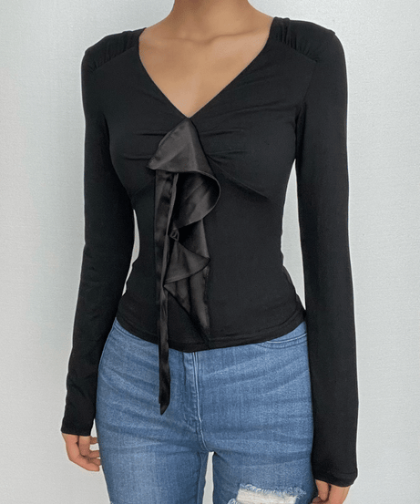 Elevated Fall Chic: Black V-Neck Long Sleeve Top with Satin Ruffle Detail