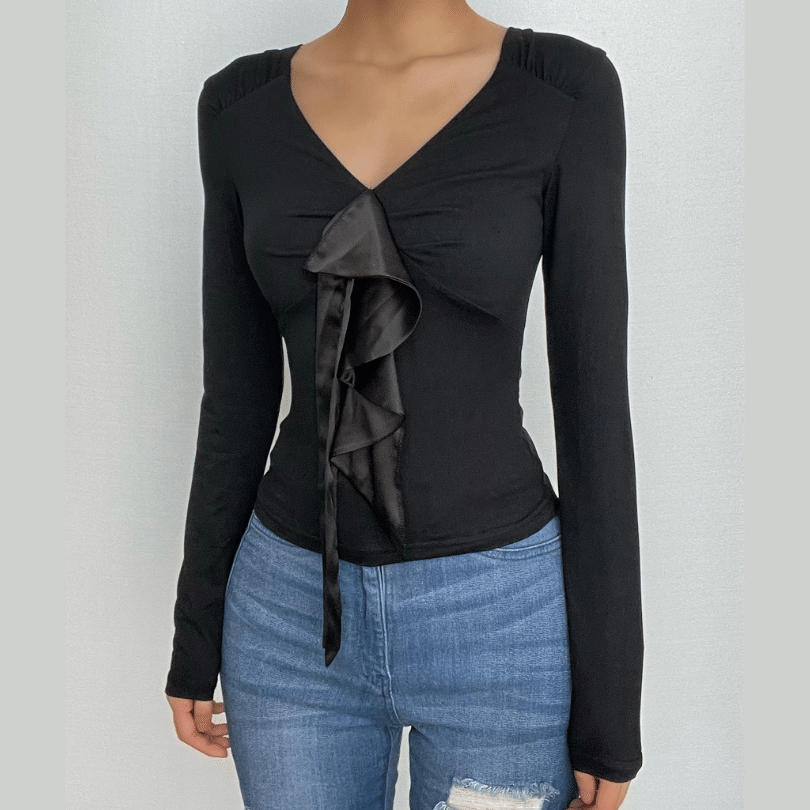 Elevated Fall Chic: Black V-Neck Long Sleeve Top with Satin Ruffle Detail
