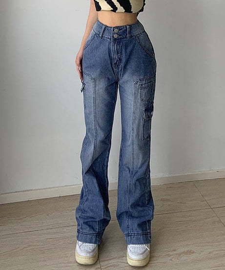 Fall Trend: Women's High-Rise Baggy Cargo Jeans - Y2K Faded Denim