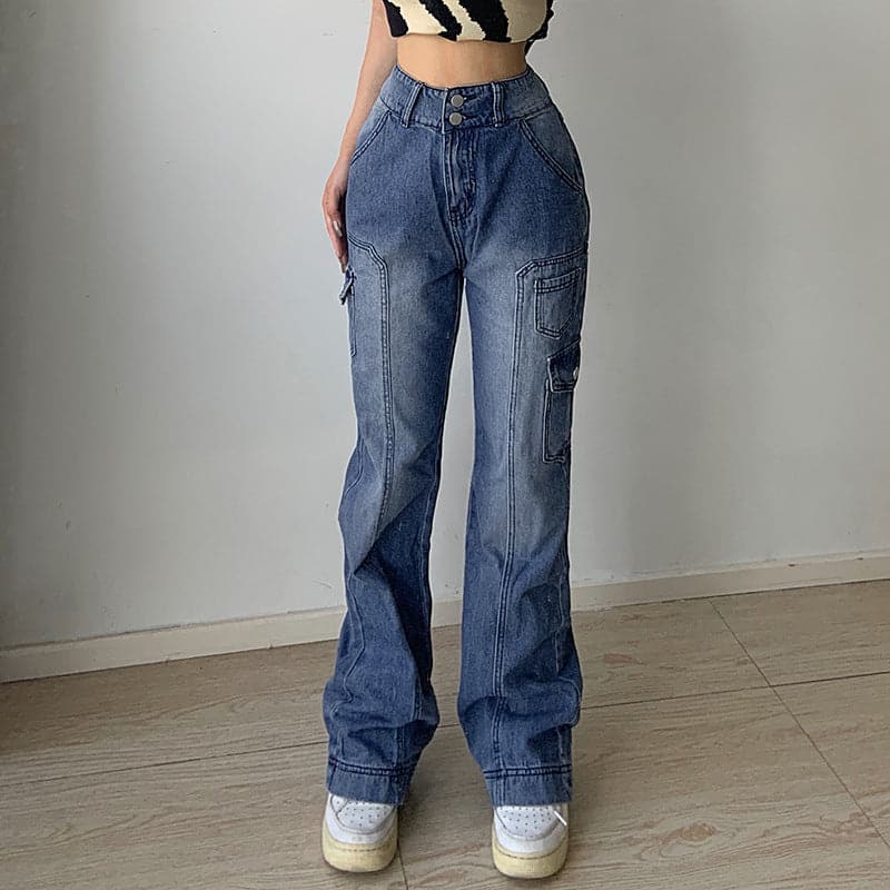 Fall Trend: Women's High-Rise Baggy Cargo Jeans - Y2K Faded Denim