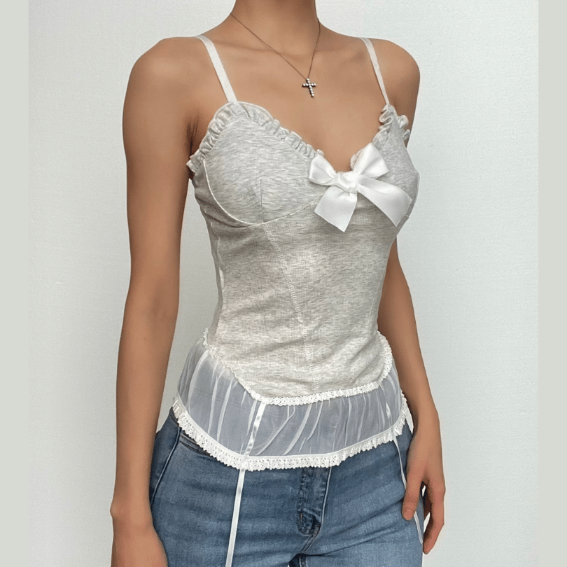 Chic Coquette Bow Corset Cami Top - Ruffled Lace Hem Tank for Fall Style