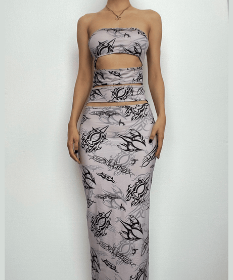 Y2K Tribal Tattoo Print Cut-Out Maxi Skirt & Tube Top Set - Edgy Fall Party & Halloween Glam