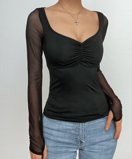 Sleek Ruched Sweetheart Mesh Long Sleeve Top with Thumbholes – Your Fall 2025 Style Essential
