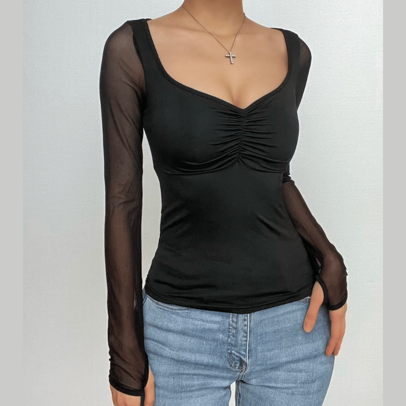 Sleek Ruched Sweetheart Mesh Long Sleeve Top with Thumbholes – Your Fall 2025 Style Essential
