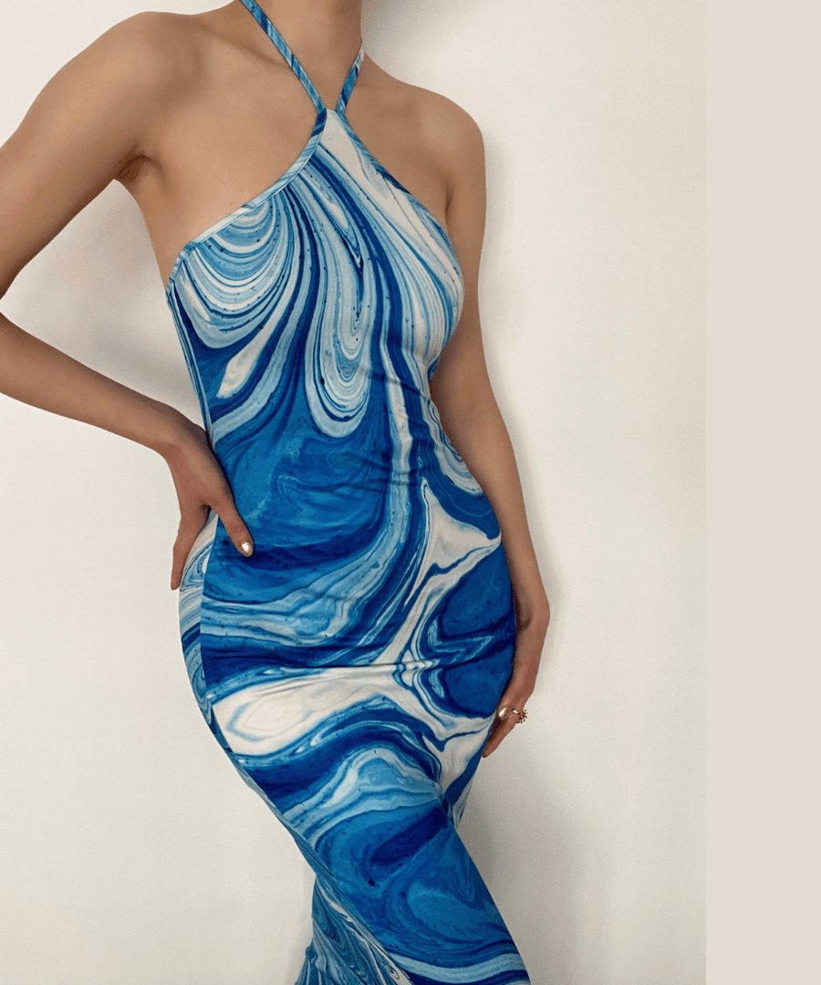 Effortless Chic Blue Marble Swirl Halter Maxi Dress – Your Go-To for Vacations & Glam Getaways
