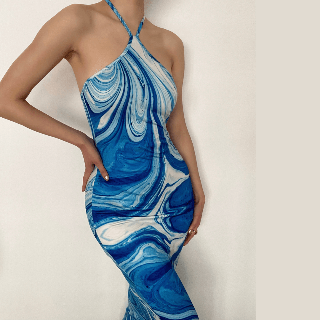 Effortless Chic Blue Marble Swirl Halter Maxi Dress – Your Go-To for Vacations & Glam Getaways