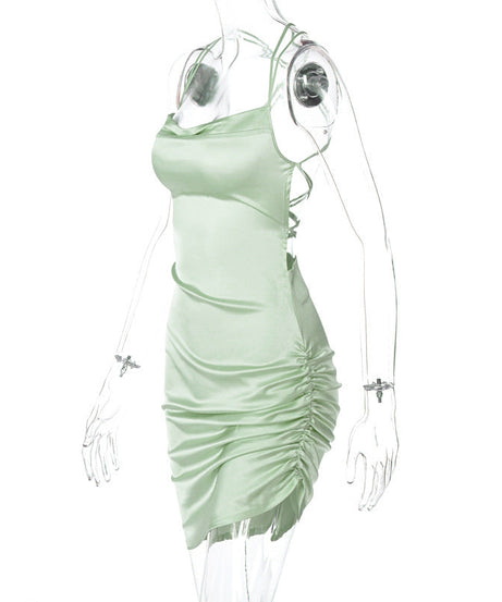 Chic Sage Green Satin Cowl Neck Backless Mini Dress - Ruched for Fall & Holiday Parties