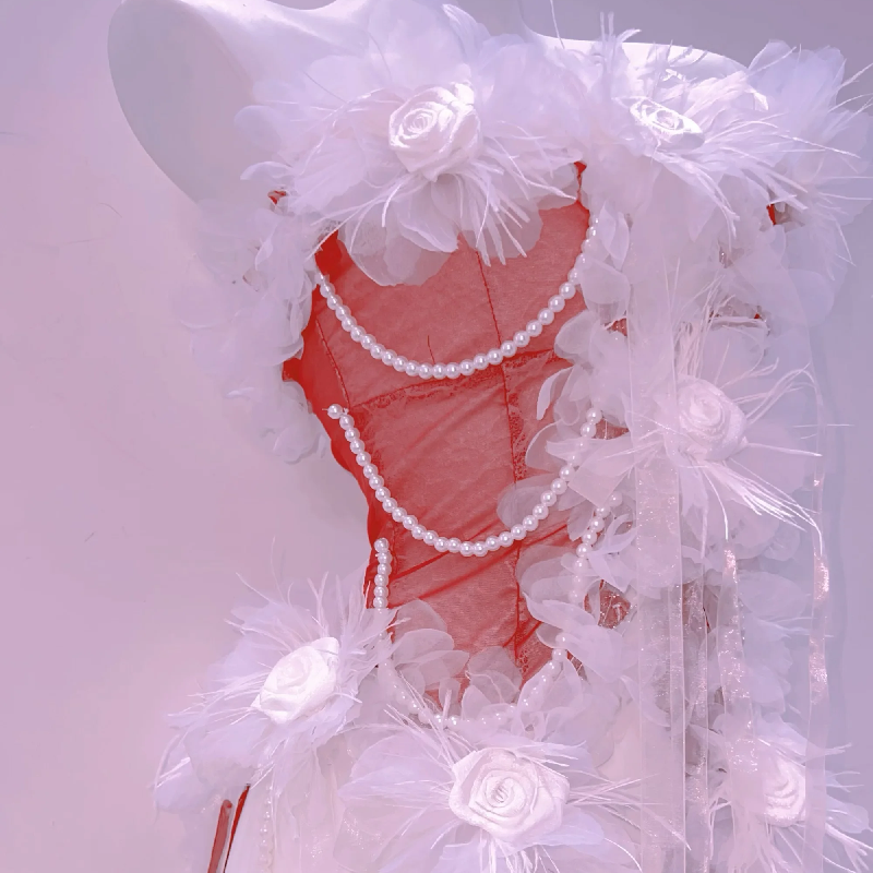 Ethereal Feather & Pearl Illusion Romper Gown - Your Dazzling Holiday & NYE Showstopper!