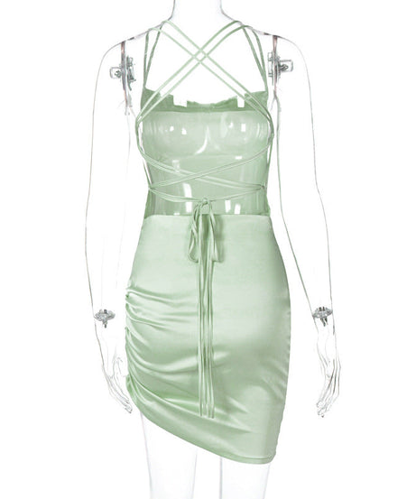 Chic Sage Green Satin Cowl Neck Backless Mini Dress - Ruched for Fall & Holiday Parties