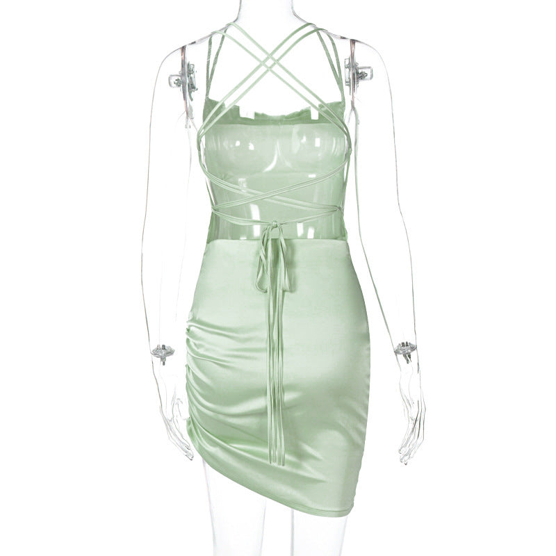 Chic Sage Green Satin Cowl Neck Backless Mini Dress - Ruched for Fall & Holiday Parties