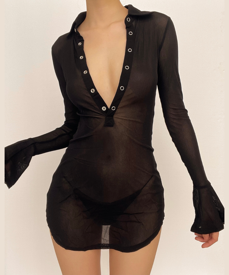 Sultry Sheer Mesh Button-Up Mini Dress - Daring Fall & Halloween Party Statement