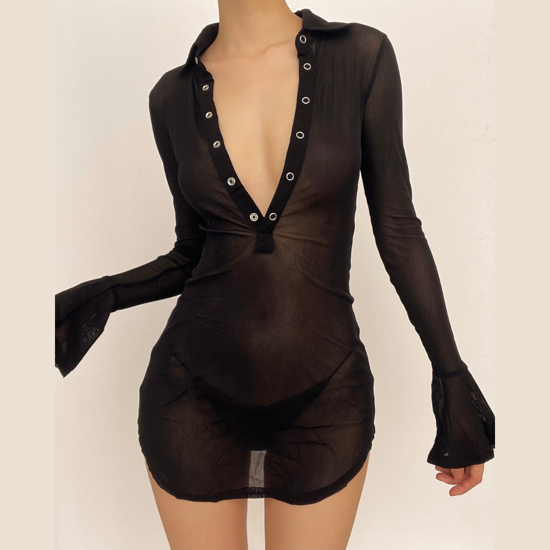 Sultry Sheer Mesh Button-Up Mini Dress - Daring Fall & Halloween Party Statement