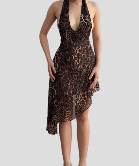 Unleash Your Wild Side: Leopard Print Halter Backless Asymmetrical Mini Dress for Fall Nights & Holiday Glam