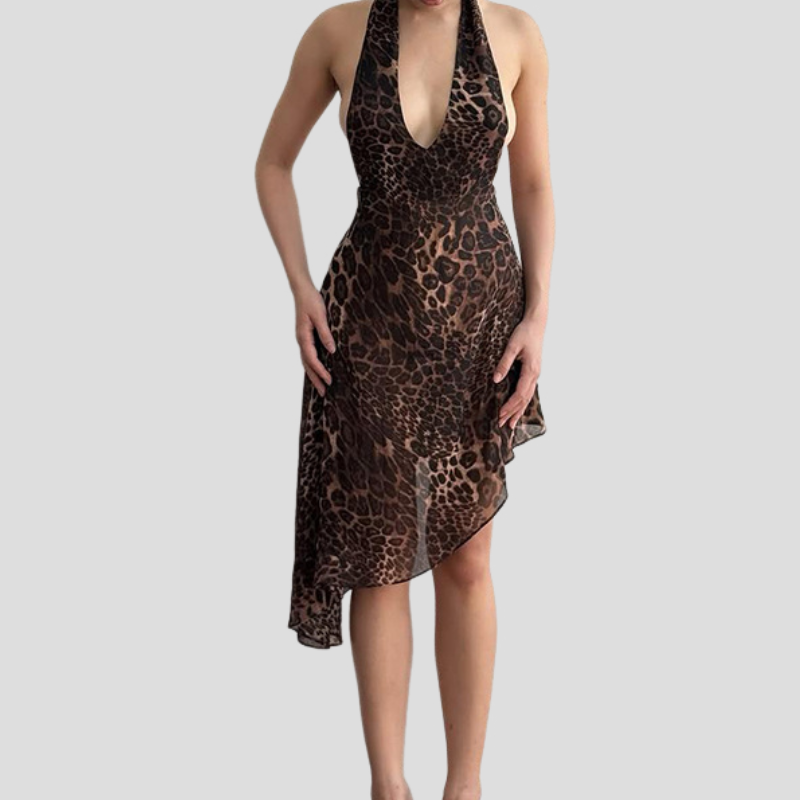 Unleash Your Wild Side: Leopard Print Halter Backless Asymmetrical Mini Dress for Fall Nights & Holiday Glam