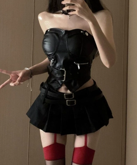 Fierce Faux Leather Bustier & Pleated Mini Skirt Set – Your Ultimate Fall & Halloween Party Look