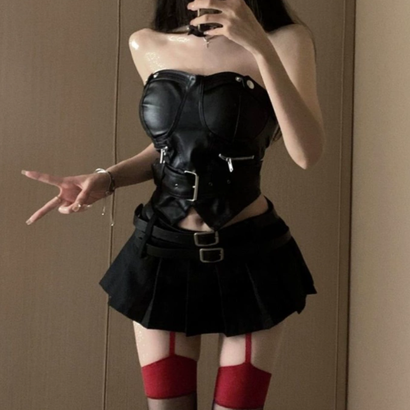 Fierce Faux Leather Bustier & Pleated Mini Skirt Set – Your Ultimate Fall & Halloween Party Look
