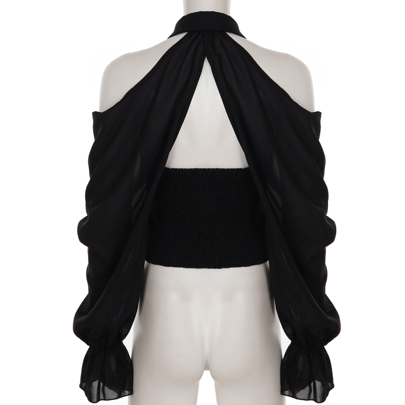 Enchanting Black Cold Shoulder Top | Gothic Keyhole Blouse with Statement Sleeves & Hook Closures - Perfect for Fall & Halloween