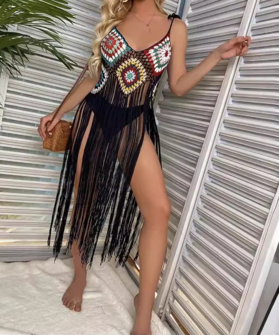 Vibrant Boho Crochet Fringe Maxi Dress - Chic Resort & Tropical Getaway Essential