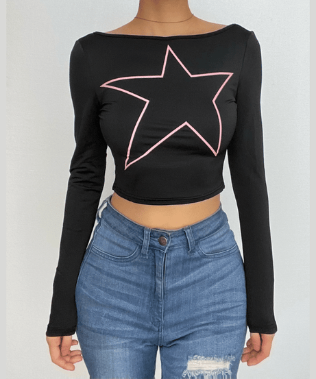 Star Power Backless Long Sleeve Crop Top - Your Fall Fave for Effortless Edge