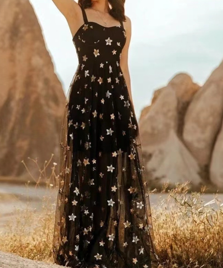 Dazzling Starry Night Mesh Cami Maxi Dress - Your Ultimate Holiday & New Year's Eve Showstopper