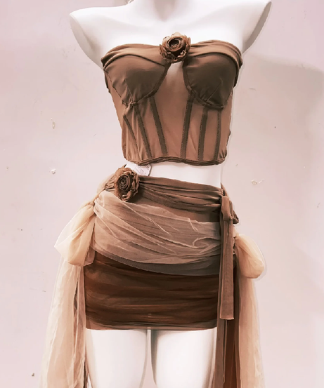 Autumn Bloom Mesh Bustier & Draped Mini Skirt Set - Earthy Chic Two-Piece