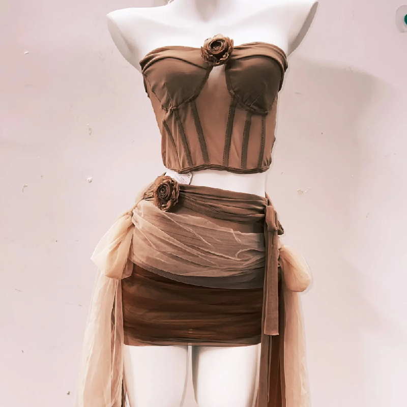 Autumn Bloom Mesh Bustier & Draped Mini Skirt Set - Earthy Chic Two-Piece