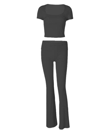 Blush Pink U-Neck Crop Top & Flared Pants Set: Cozy Chic for Fall Comfort & Athleisure