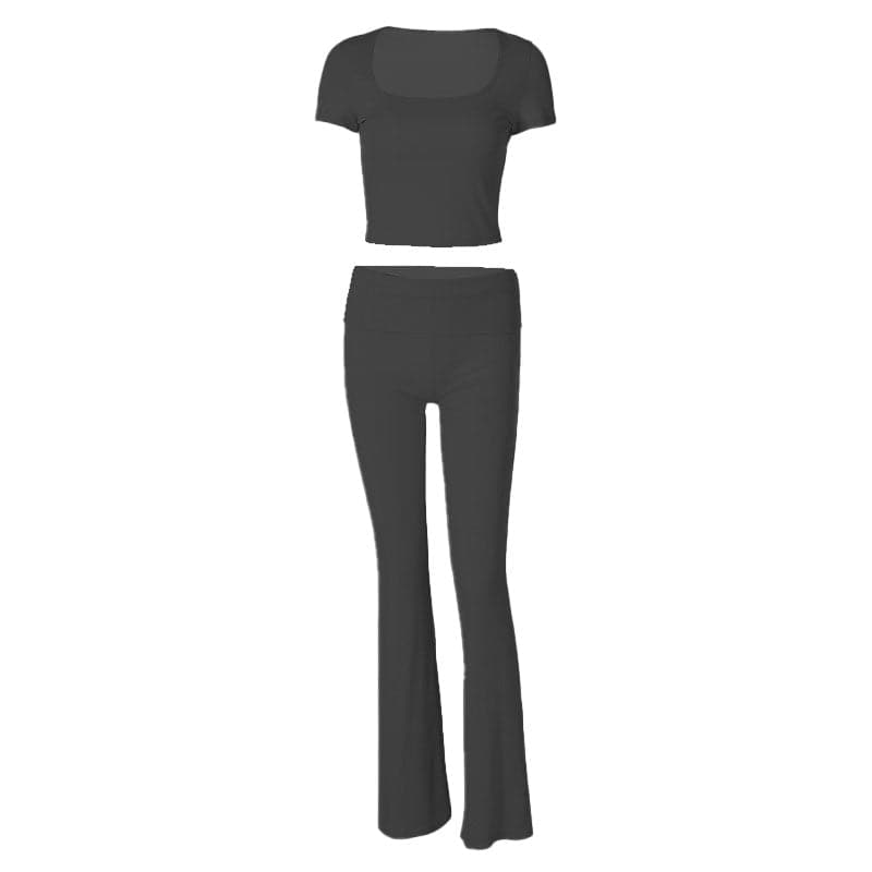 Blush Pink U-Neck Crop Top & Flared Pants Set: Cozy Chic for Fall Comfort & Athleisure