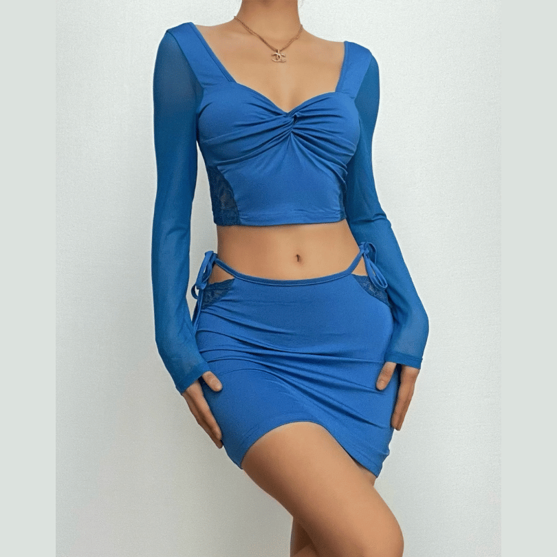 Royal Blue Obsession: Mesh & Lace Cutout Mini Skirt Set - Fall Night Out