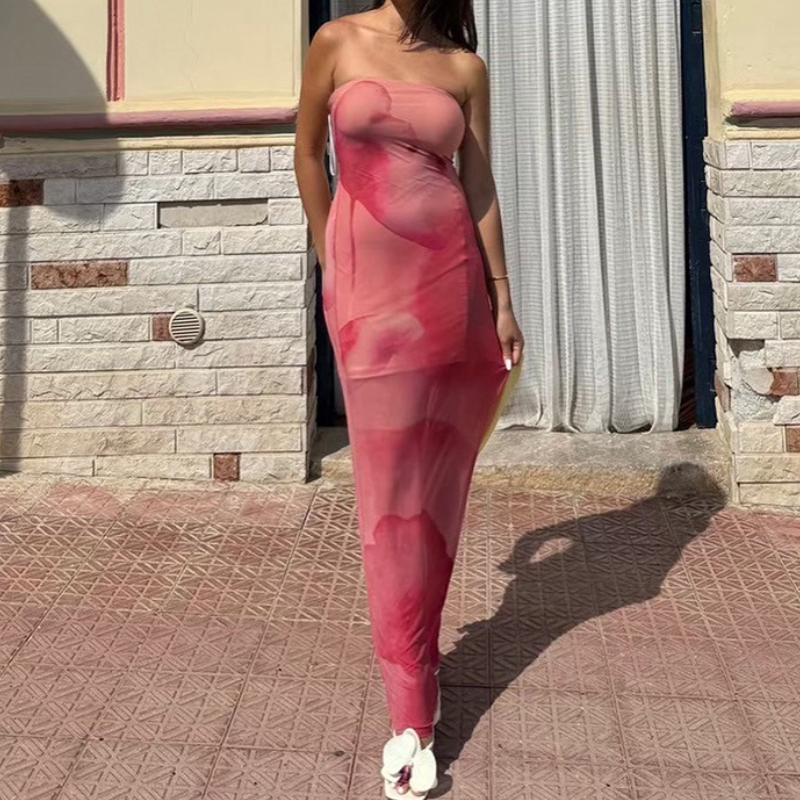 Vibrant Sunset Ombre Mesh Tube Maxi Dress - Sheer Resort & Getaway Style