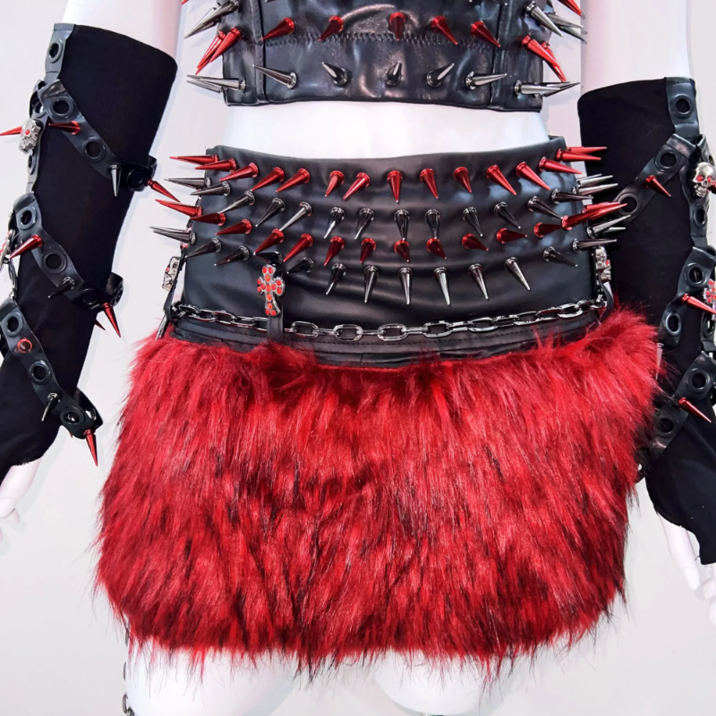 Unleash Your Inner Rebel: Fierce Red & Black Spiked Goth Rave Bustier for Halloween & Festivals