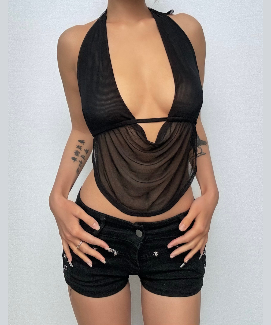 Sultry Sheer Mesh Halter Top - Daring Deep V Cowl Neck Crop for Fall Nights & Halloween