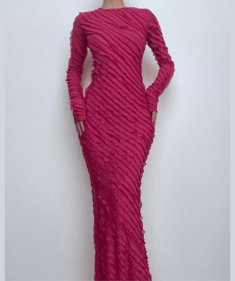 Radiant Fuchsia Ruffle Maxi Dress | Long Sleeve Glamour for Fall & Holiday Soirees