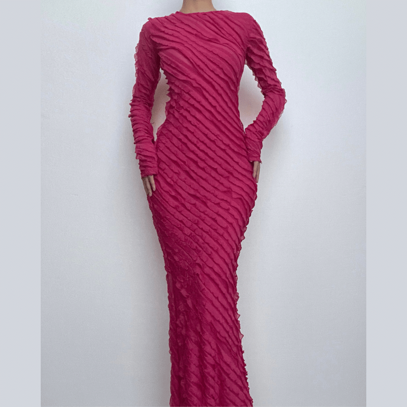 Radiant Fuchsia Ruffle Maxi Dress | Long Sleeve Glamour for Fall & Holiday Soirees