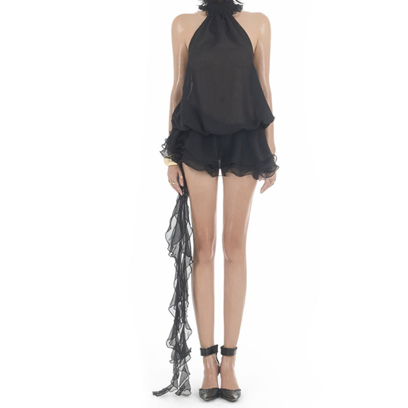 Effortless Chic Ruffle Halter Backless Romper with Dramatic Flow – Your Essential Holiday Getaway & Resort Wear