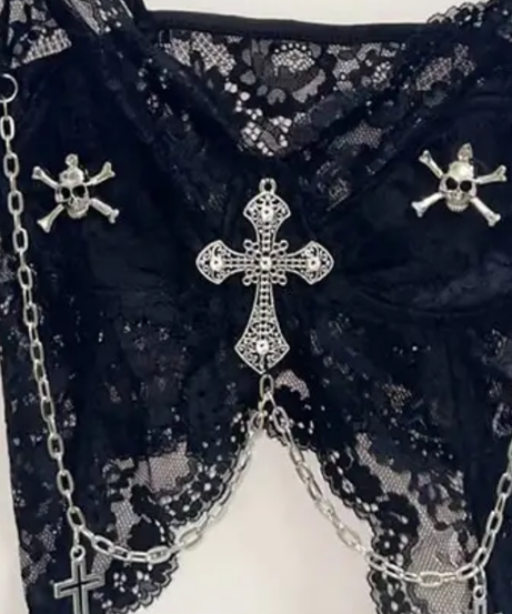 Haunted Heart Black Lace Cami Top - Gothic Skull & Cross Chains for Spooky Season Style