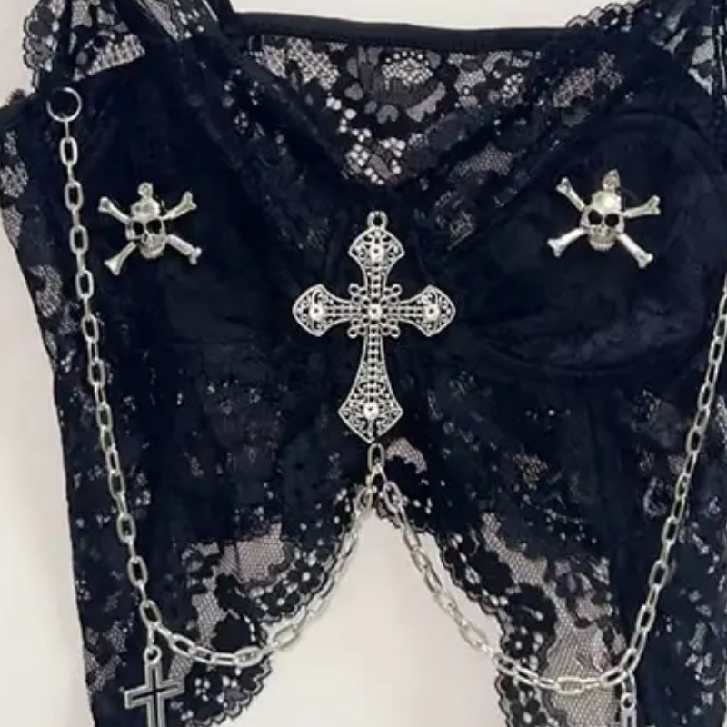 Haunted Heart Black Lace Cami Top - Gothic Skull & Cross Chains for Spooky Season Style