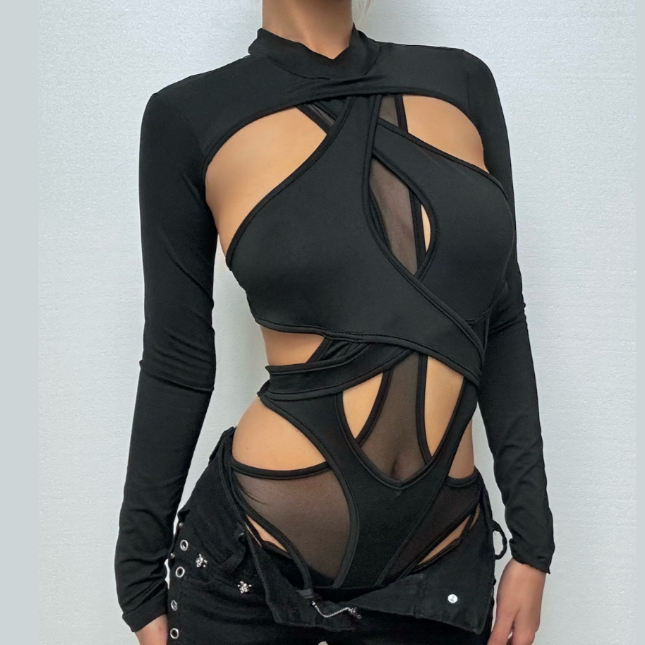 Edgy Long Sleeve Cutout Mesh Bodysuit - Your Daring Night Out & Halloween Statement Piece