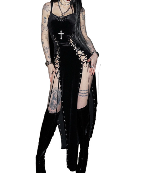 Gothic Velvet Lace-Up Cross Maxi Dress - Edgy Fall & Halloween Party Gown