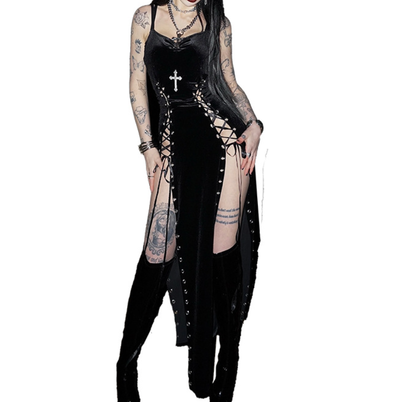 Gothic Velvet Lace-Up Cross Maxi Dress - Edgy Fall & Halloween Party Gown