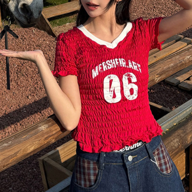 Y2K Street Style Red Ruched Crop Top - 'Mersheir.Art 06' Graphic V-Neck Tee