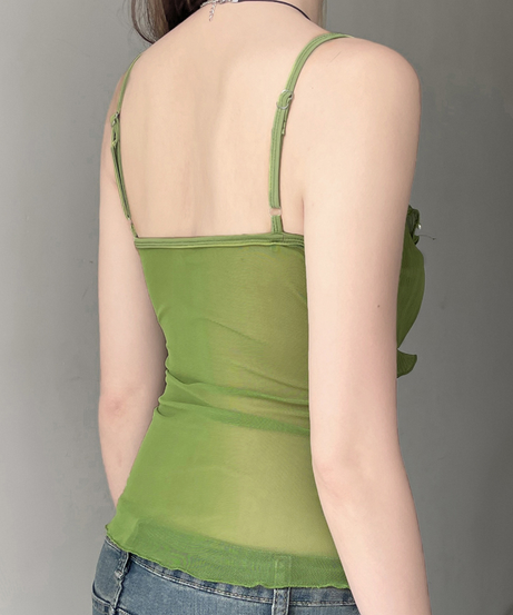 Y2K Fairy Grunge Green Ruffle Cami Top - Textured Split Hem & Sheer Layering