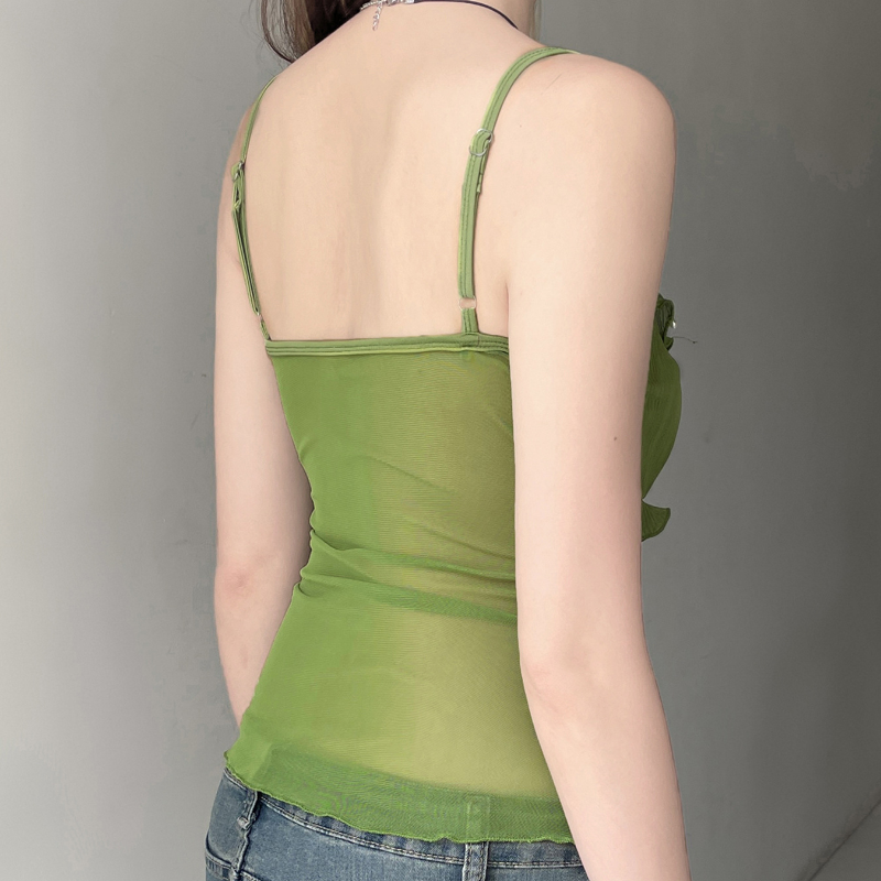 Y2K Fairy Grunge Green Ruffle Cami Top - Textured Split Hem & Sheer Layering