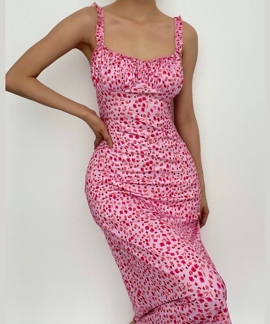 Vibrant Pink Floral Ruched Midi Dress with Ruffle Straps - Chic & Backless for Fall