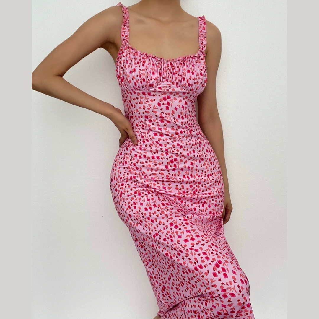 Vibrant Pink Floral Ruched Midi Dress with Ruffle Straps - Chic & Backless for Fall