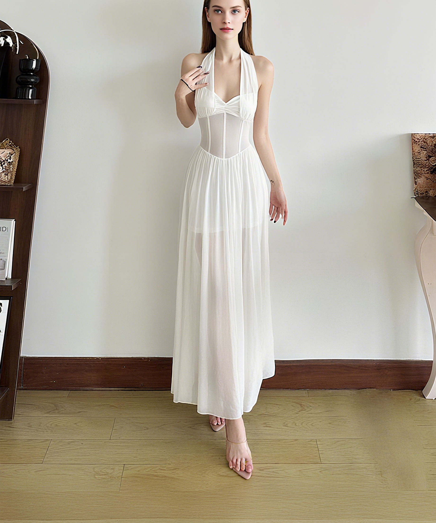 Effortless Glam: White Halter Mesh Corset Maxi Dress - Your Go-To for Holiday Parties & Resort Escapes