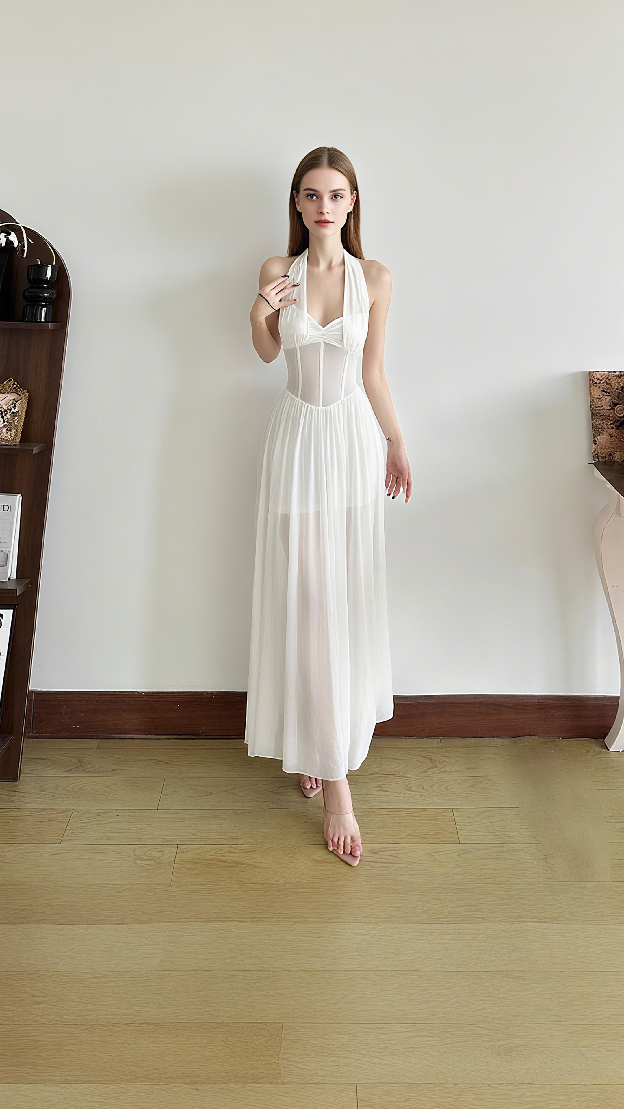 Effortless Glam: White Halter Mesh Corset Maxi Dress - Your Go-To for Holiday Parties & Resort Escapes