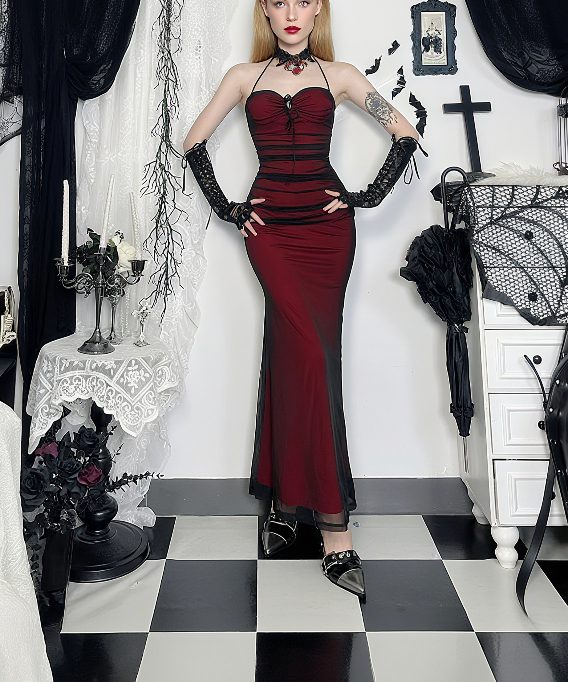 Haunted Elegance Halter Maxi Dress - Gothic Glamour for Fall & Halloween